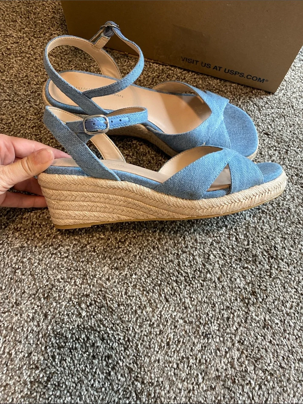 Stuart Weitzman Denim Blue Crisscross Espadrille Wedge Sandals